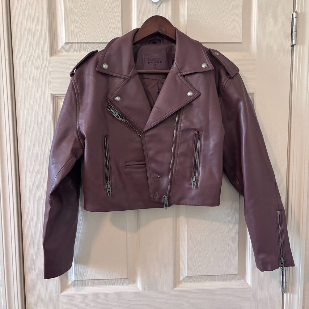 BLANKNYC Cropped Faux Leather Moto Jacket Burgundy Plum Size Small - Picture 2 of 8